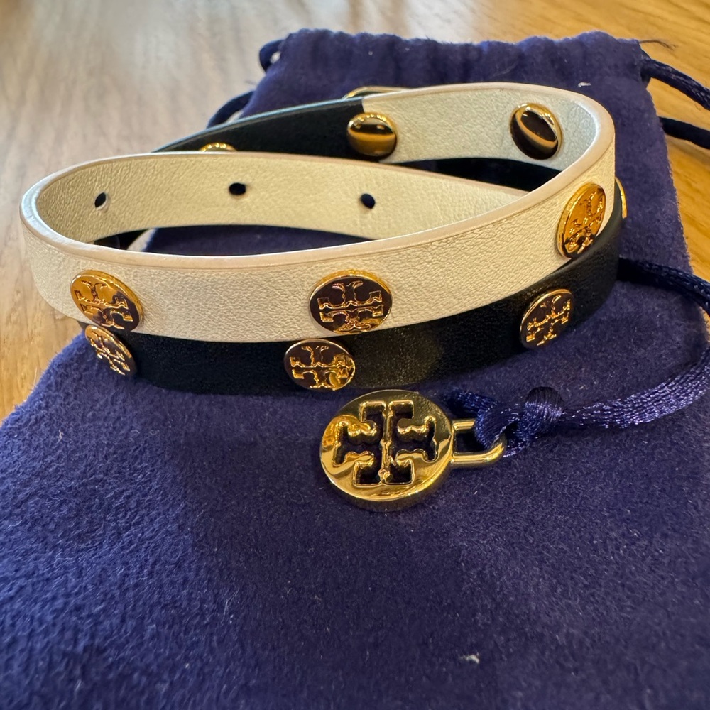 Tory Burch Black and Cream Leather Bracelet